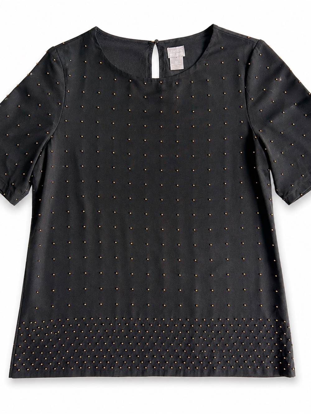 Chico’s Black Label Hand-Beaded Gold Stud Silk-Look Top Embellished Luxe